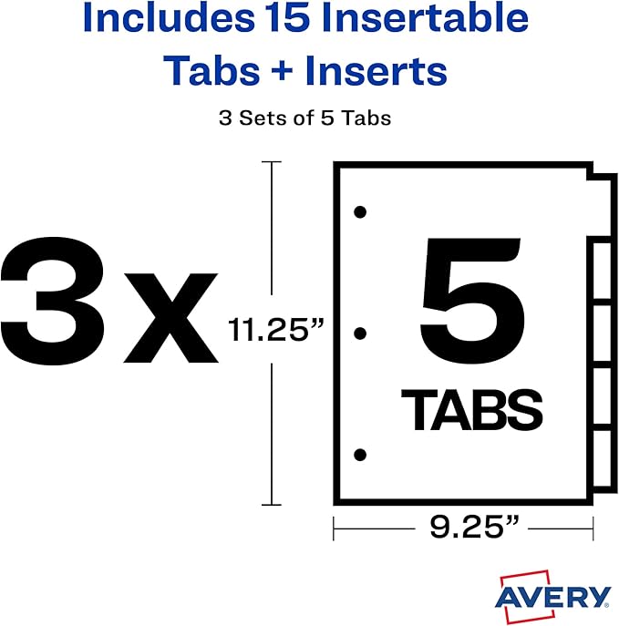 Avery Dividers for 3 Ring Binders, 5-Tab Sets, Two-Pocket Plastic Binder Dividers with Tabs, Multicolor, 3 Sets (71906)