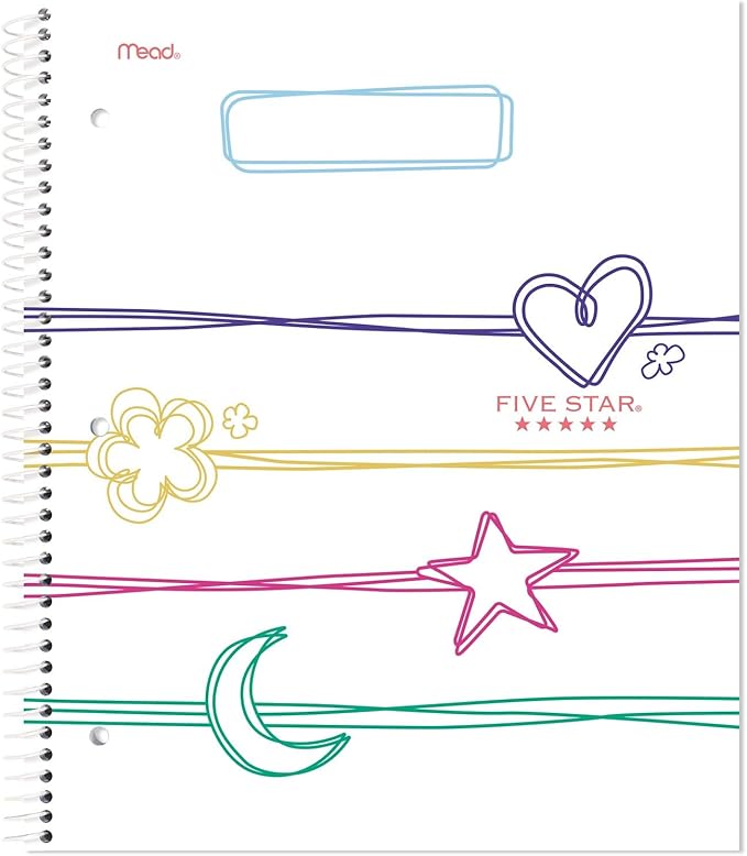 Five Star Spiral Notebook + Study App, 1 Subject, Wide Ruled, 8" x 10-1/2", 80 Sheets, Pastel Doodles (930212F-ECM)