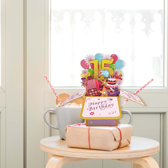 Asmallgf Sweet 15th Birthday Popup Greeting Card, Naughty Fifteen Bday Gift for Teen Girls Boys, Great 3D Greeting Card from Mom Dad