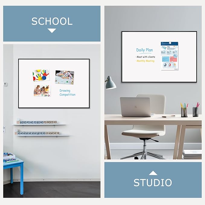 Magnetic Whiteboard, 36"x24" Black Aluminum Frame Dry Erase White Board for Wall, Large Wipe Board with 6 Magnets, 4 Markers & 1 Eraser for Home and Office
