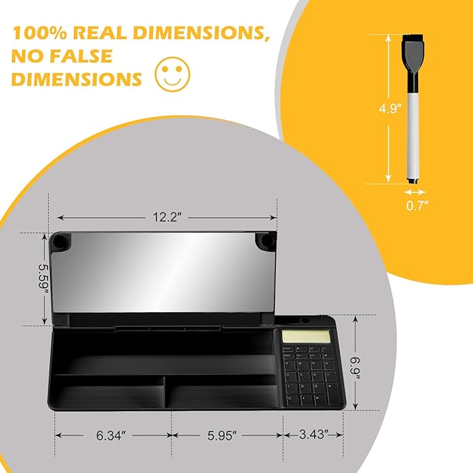 Desktop Glass Whiteboard with Mirror & Calculator(12 Digit LCD Display) & Ruler Marker,Tilted Computer Keyboard Stand with Dry Erase Board Surface, Desk Organizers with Accessories,Black