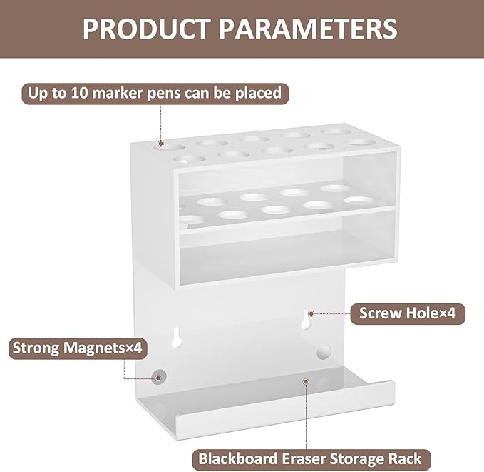 White Magnetic Dry Erase Marker Holder for Whiteboard, Wall Mounted Marker Holder Stand with 10 Marker Slots and Eraser Holder for Office School Home (White, 1)