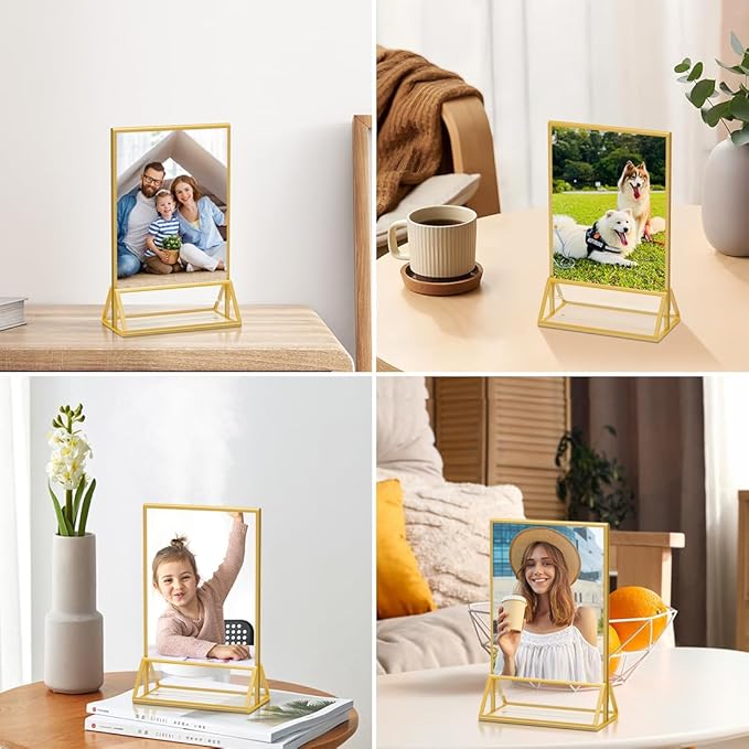 4X6 Gold Frames Double Sided Acrylic Sign Holder Tabletop Picture Frames Vertical Display Stand for Shop School Home Photos Wedding,Set of 6