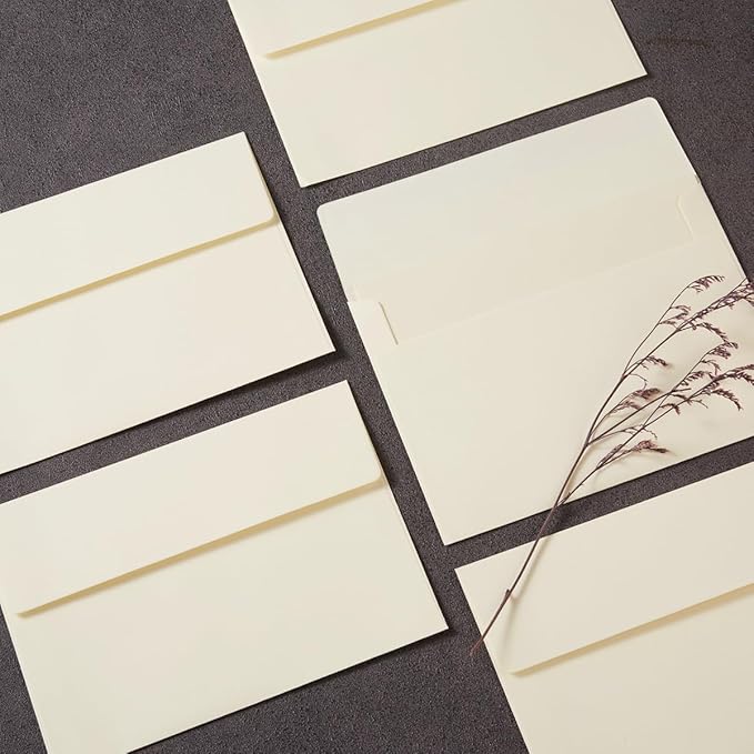 Wishop 50 Pack Self-Adhesive Envelopes with Fold Cards for Wedding Invitations, Greeting Cards, Baby Shower, Letter Mailing (Cream Color, 5x7)