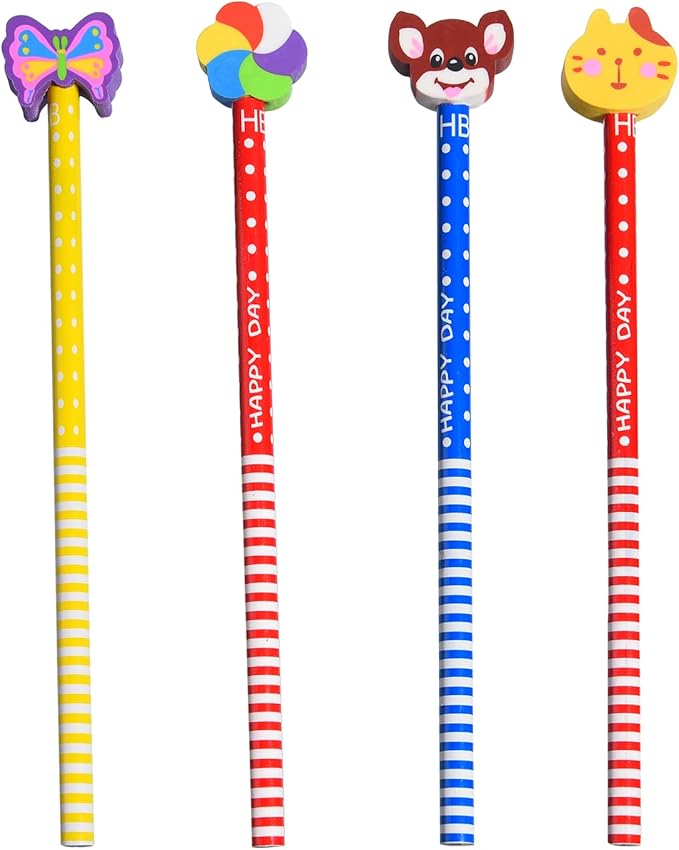 28PCS Fun Cute Pencils for Kids,Colorful Stripe Pencils with Assorted Fruit Animal Erasers Toppers,Pencils and Erasers Set for School Office Classroom Supplies Students Children