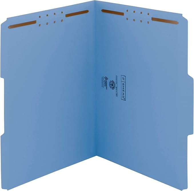 Smead Fastener File Folder, 2 Fasteners, Reinforced 1/3-Cut Tab, Letter Size, Kraft & Blue, 50 per Box