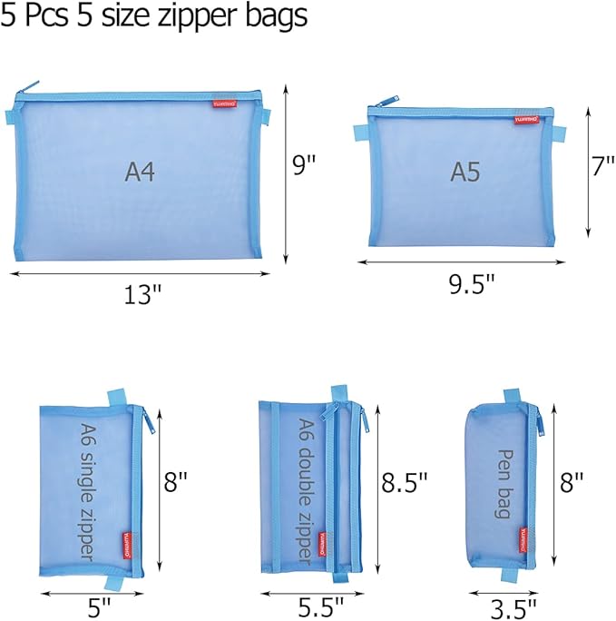 Pendancy Mesh Zipper Pouch 5pcs Lightweight Nylon File Folders Document Organizer Cosmetic Bags Accessories Storage for Travel and Office Supplies (Blue, A4 A5 A6)