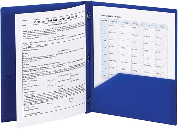 Smead Poly Two-Pocket Folder, Three-Hole Punch Prong Fasteners, Letter Size, Blue, 3 per Pack (87731)