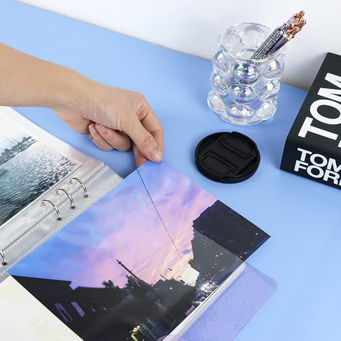 Purple Giltter PVC Kpop Photocard Binder Loose Leaf 6-Ring Wide A5 Photocards Holder with 8 Inch 50 Pockets Photo Pages Transparent Card Sleeve Protectors Page for Photos Cards Album Folder Organizers