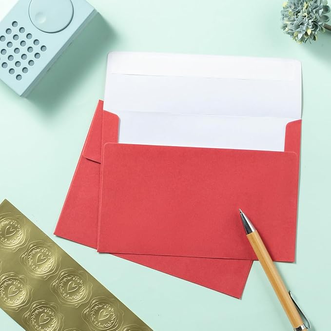 Wishop 50 Pack Shiny Self-Adhesive Envelopes with Shiny Fold Cards for Wedding Invitations, Greeting Cards, Baby Shower, Letter Mailing (Red, 4x6)