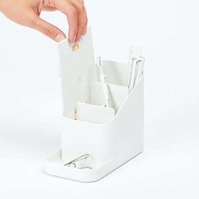 BLUE GINKGO Desk Holder – Korean-Made Office Organizer for Pencils, Pens, Notes, and Desk Supplies (White)
