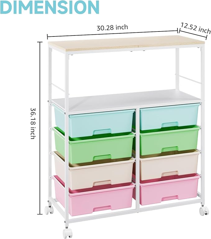 8 Drawers Rolling Storage Cart with Wooden Top, Multipurpose Utility Cart with Opening Shelf & Lockable Wheels, Storage Drawer Cart Organizer for Home Office Craft Room Classroom, Rainbow