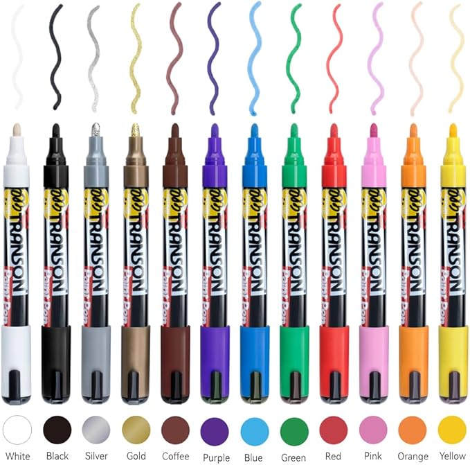 TRANSON 12 Colors Paint Markers for Fabric Rock Craft Diy Painting Medium Tip Oil Based Waterproof