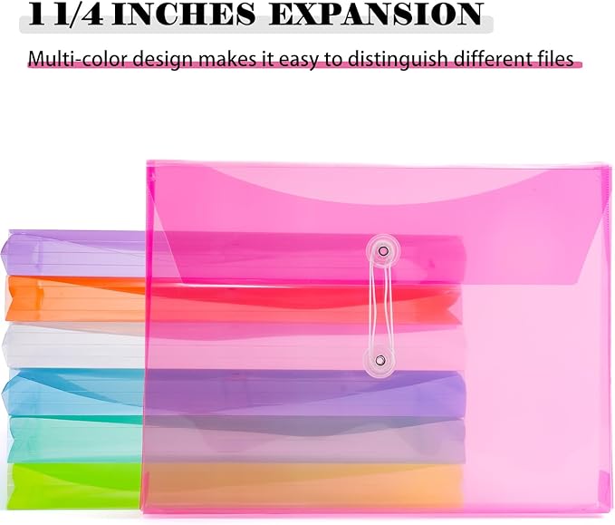 A4 Letter Size Plastic Poly Envelopes with Button and String Tie Closure, 1-1/4" Expansion Clear File Folders Side Loading Documents Organizer for Home School and Office Supplies (6)