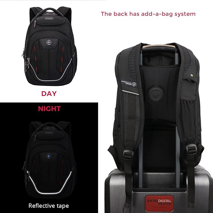 Swissdigital Design TSA Laptop Backpack Men's USB Charging Port Large Capacity Business Travel Backpack Black| With Apple Find My Network (TERABYTE J16BTFB-41) One Nation One World