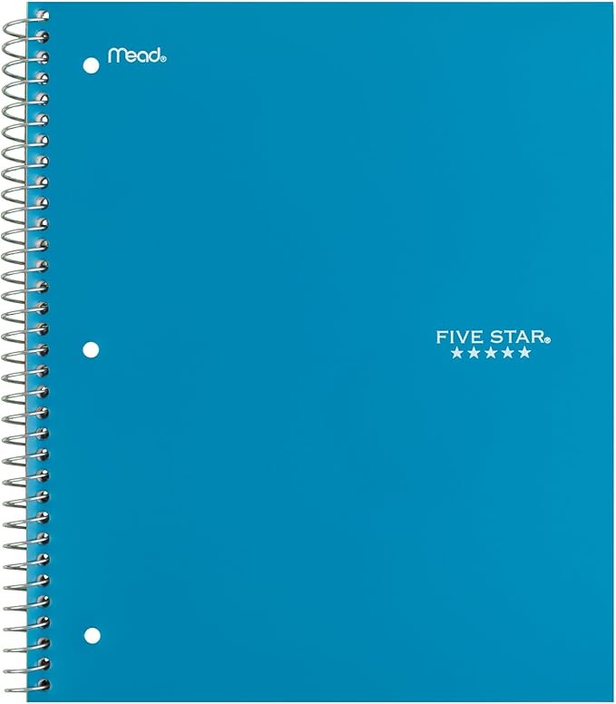 Five Star Spiral Notebook + Study App, 3 Subject, Wide Ruled Paper, 150 Sheets, 10-1/2" x 8" Sheet Size, Tidewater Blue (73184)