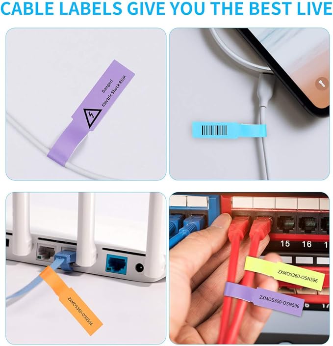 300 Pcs Cable Labels, JIQEZNL Premium 10 Colors Wire Labels Electrical, Waterproof Cord Labels Electronics Tags for Cable Management, Self-Adhesive Cable Labels Tags for Laser Printer and Handwriting