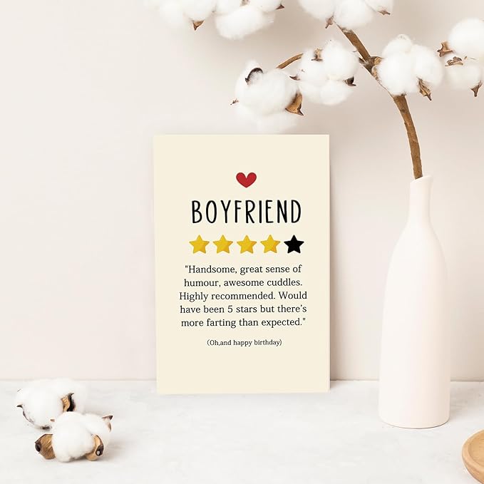 Funny Birthday Card for Boyfriend,Happy Birthday Cards Gifts for Men Him,Humorous 4-Star Review Bday Gift Card for Boyfriend,Romantic Birthday Gifts for Boyfriend from Girlfriend