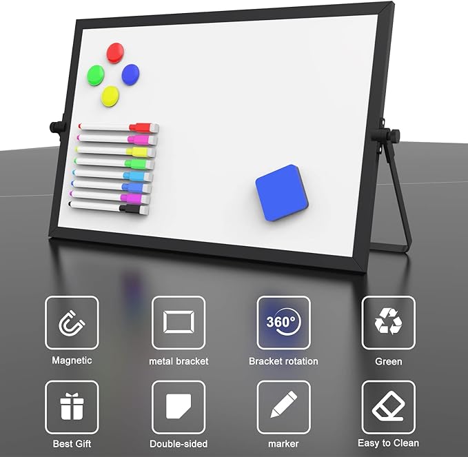 OWill Black Dry Erase White Board, 16inX12in Large Magnetic Desktop White Board with Stand,A3 Magnetic Whiteboard & Portable Double-Sided Whiteboard Easel for Drawing in School & Home