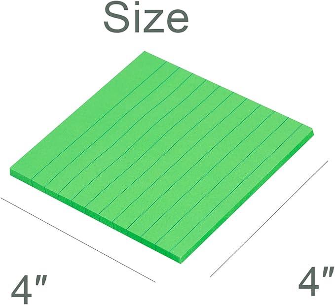 Vanpad Lined Sticky Notes 4x4 Inches, Big Green Ruled Self-Stick Pads, Easy to Post for Home, Office, Notebook, 8 Pads/Pack