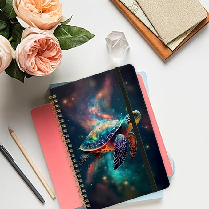 Spiral Notebook - A5 Spiral Notebooks, 8.3'' × 5.8'', 160 Pages, Aesthetic Journaling Notebooks for Women, College Lined Notebook with Elastic Closure, Back Pocket, for School Office, TurtleE