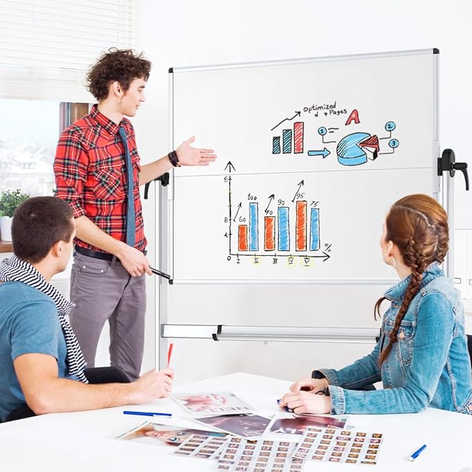 VIZ-PRO Double-Sided Mobile Whiteboard, 48 x 48 Inches, Magnetic Rolling Dry Erase White Board on Wheels with Aluminium Frame and Stand