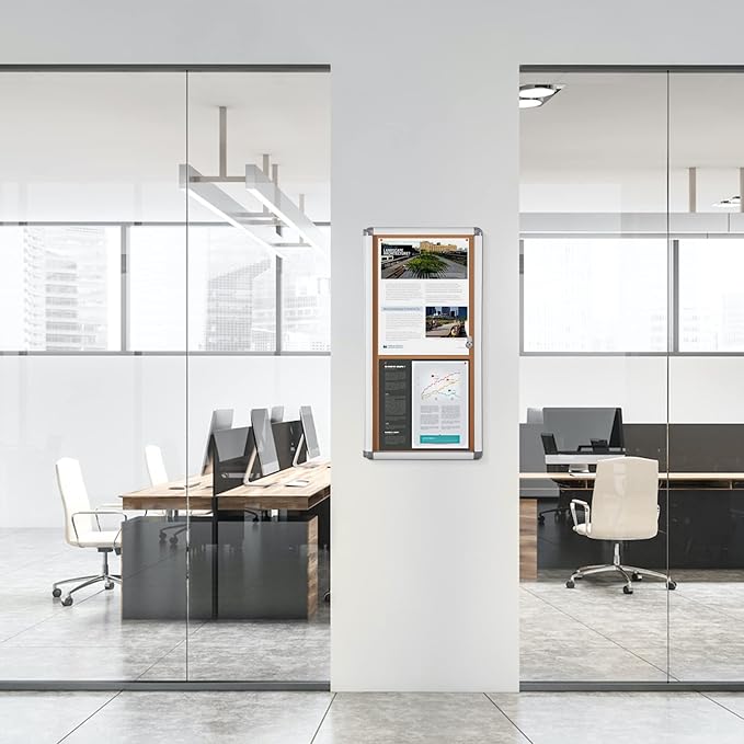 SWANCROWN Lockable Noticeboard Wall-Mounted Bulletin Pin Cork Boards Message Board with Aluminium Frame 28x14 inch