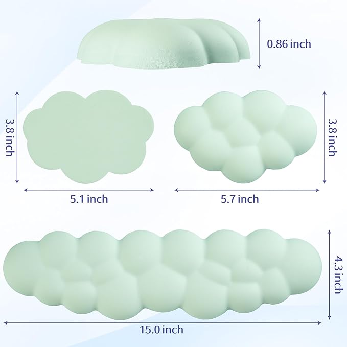 Cloud Wrist Rest Keyboard, Cloud Palm Rest Set with PU Leather Memory Foam, Cute Keyboard Rest for Wrist Support and Arm Rest, Desk Cloud Wrist Pad for PC/Gaming/Laptop/Computer-Light Green