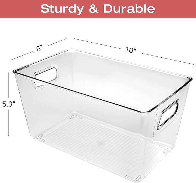 Excello Global Products 10.12" x 6.02" x 5.31" Rigid Plastic Clear Storage Bins for organizing and storing household goods, food, or Office supplies (Pack of 6)
