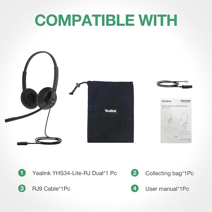 Yealink Phone Headsets for Office Phones YHS34 Lite QD to RJ9 Wired Headset for Yealink Compatible with Poly Snom Grandstream Phones Desk Landline Headset with Microphone -Dual/111g/2.1m Cable
