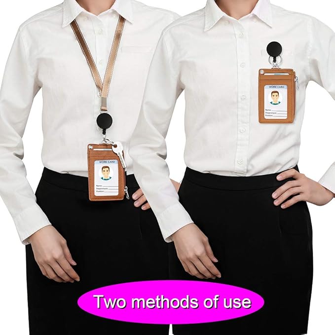 Cute ID Badge Holder Retractable Lanyard Reel Clip with Heavy Duty Carabiner, 5 Card Slots in 2 Sided with Key Ring and Zipper for Students Teens Boys Girls Office Staff Women (Brown)