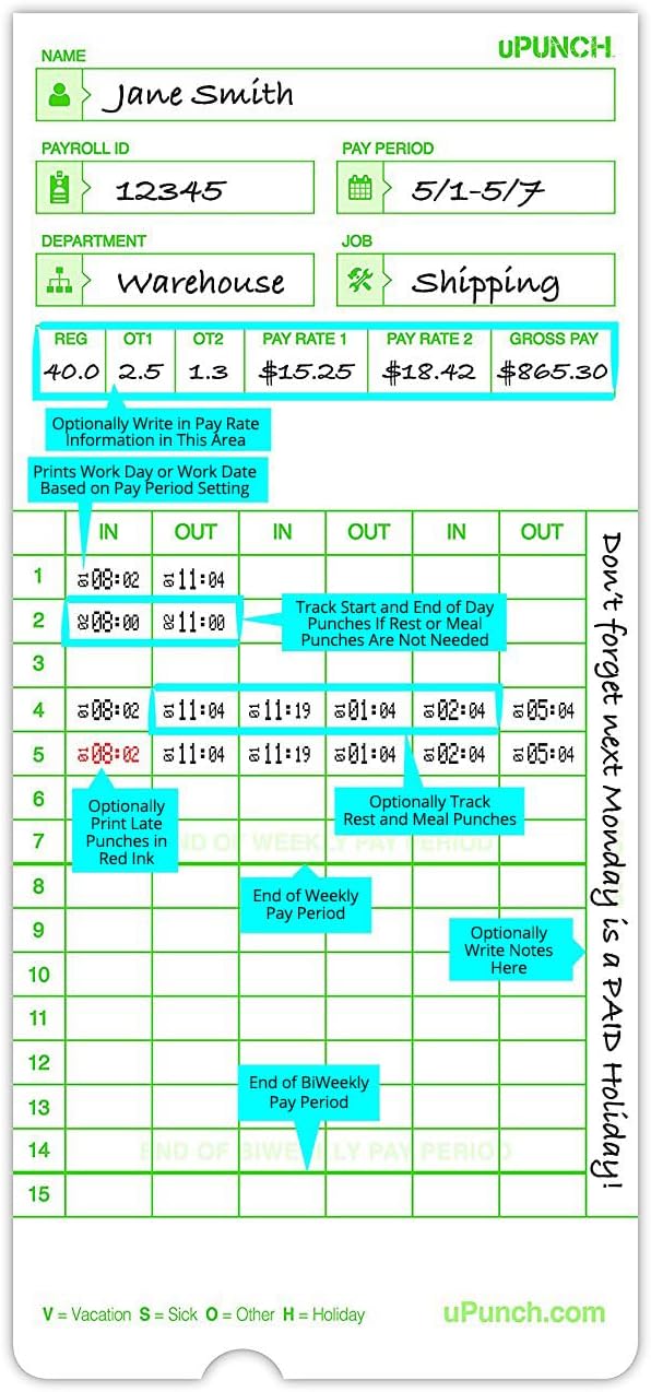 uPunch Time Clock Cards for Upunch Hn3000, Two Sides, 7.37 X 3.37, 50/Pack