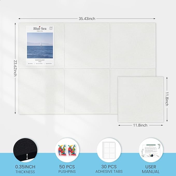 Large Cork Bulletin Board for Wall 36"x24", 6 Pack Felt Wall Tiles with 50 Pushpins, 30 Safe Removable Adhesive Tabs, Decorative Pin Board Tack Board for Office Home School, White