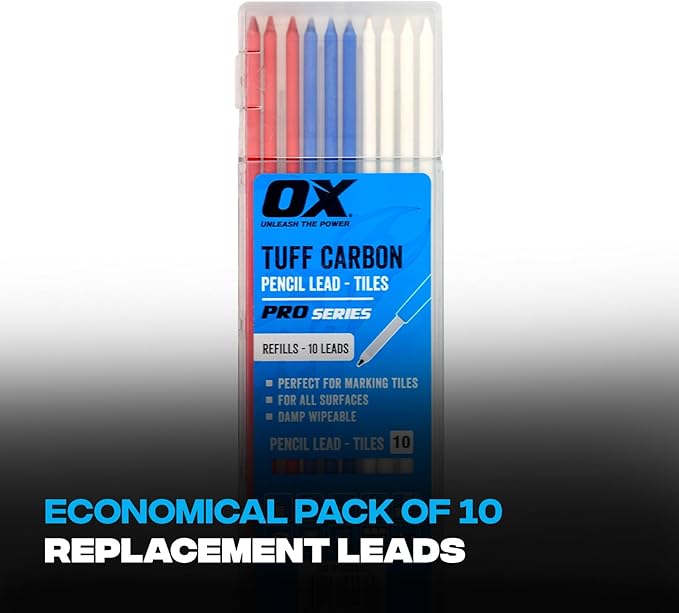 OX Tools Tuff Carbon Marking Pencil Replacement Lead 10-Pack with Red, Blue & White Lead, 2.88 mm lead - Designed For Tile Marking, OX-P503204