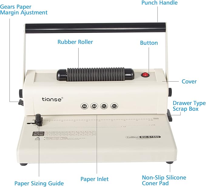 TIANSE Coil Binding Machine, Electric Coil Inserter, Manual Round Hole Punch, 15 Sheets Punch Capacity, Perfect for Letter Size / A4 / A5, Comes with 100pcs 5/16'' Plastic Coil Binding Spines & Plier