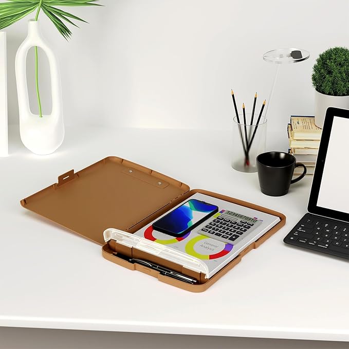 Piasoenc Clipboard with Storage, 8.5 x 11 Organization Box with Pen Holder and A4 Legal Paper Folder, Heavy Duty Plastic, Folio & Side-Opening, Low Profile Clip, for Nurses, Teachers, Brown