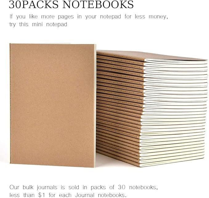 30 Pack A5 Blank Journal Notebook for Travelers, Student Gifts Office and School Supplies, Writing Journal Sketchbook Subject Notebooks Travel Journals Bulk, Kraft Paper, 80 Pages, 40 Sheets, 8.3x5.5