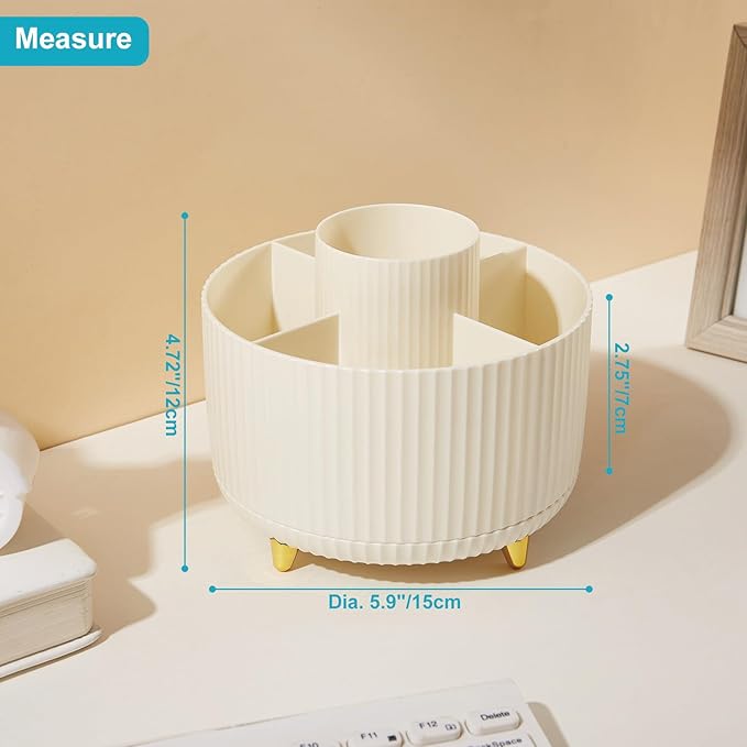 Desk Pencil Pen Holder, 5 Slots 360 Degree Rotating Pencil Pen Organizers for Desk Desktop Storage Stationery Supplies Organizer Cute Pen Cup for Office School Home Art Supply Cream Yellow