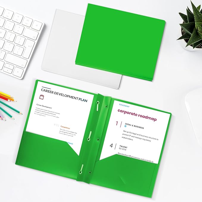 12-Pack Plastic Folders with Pockets and Prongs,2-Pocket Folders with 3 Fasteners, Poly Folders Holds 8-1/2" x 11" Paper for School/Office/Home, Green