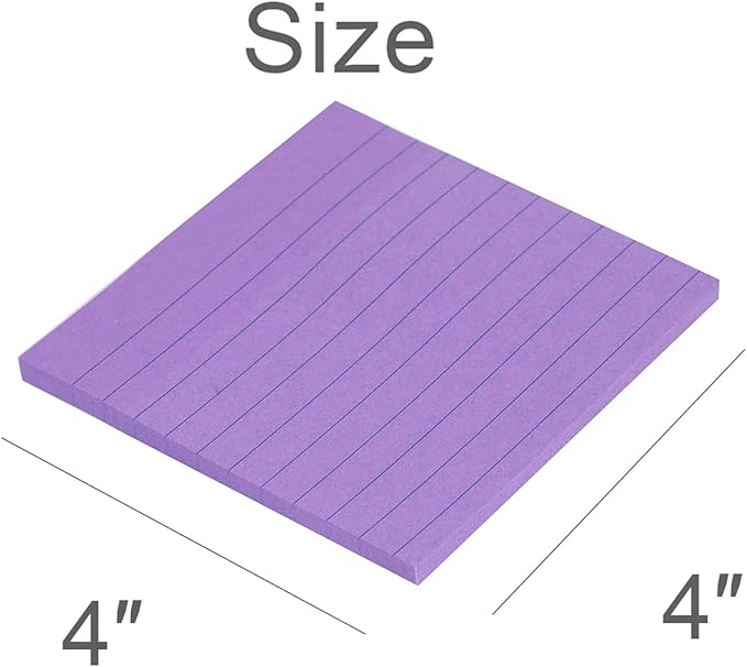 Vanpad Lined Sticky Notes 4x4 Inches, Bright Purple Ruled Self-Stick Pads, Easy to Post for Home, Office, Notebook, 8 Pads/Pack