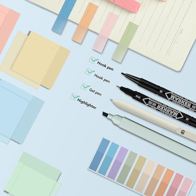 Jutom 39 Pcs Aesthetic Book Annotation Kit Pencil Case Bag with Highlighter Gel Pen 700 Sheets Transparent Sticky Notes Pads Index Tab Bible Study Supplies for School(Purple,Cute Style)