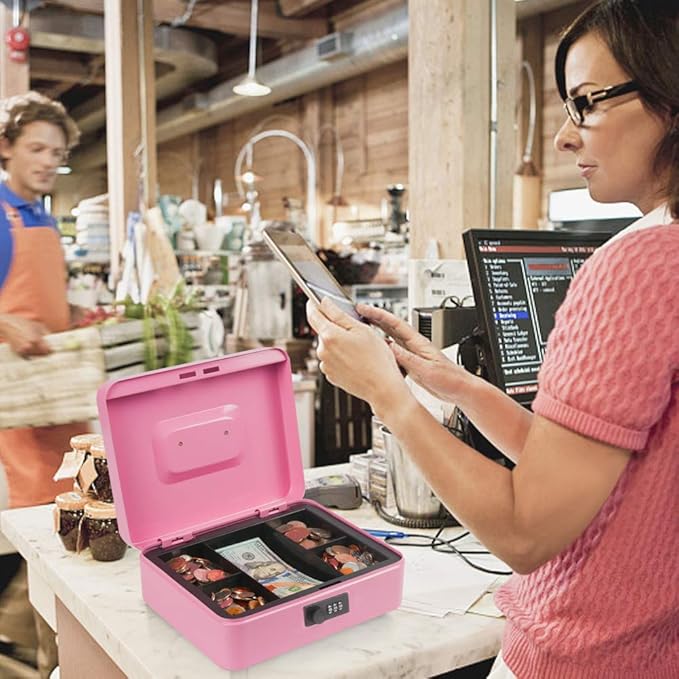 KYODOLED Safe Metal Cash/Money Box with Combination Lock, Money Tray for Security 9.84"x 7.87"x 3.54" Pink, Large