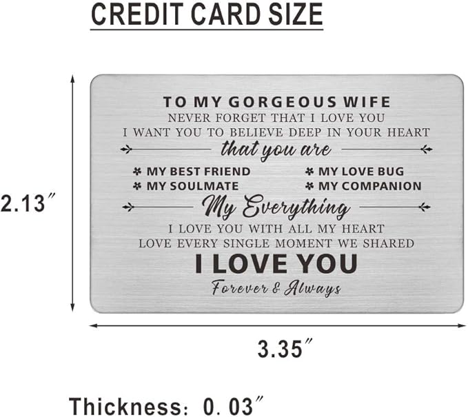 Resdink To My Gorgeous Wife Gifts, Engraved Wallet Cards for wife, Love Gifts for Wife, Anniversary Present Card for Wife Her, I Love You With All My Heart, Wife Gift from Husband