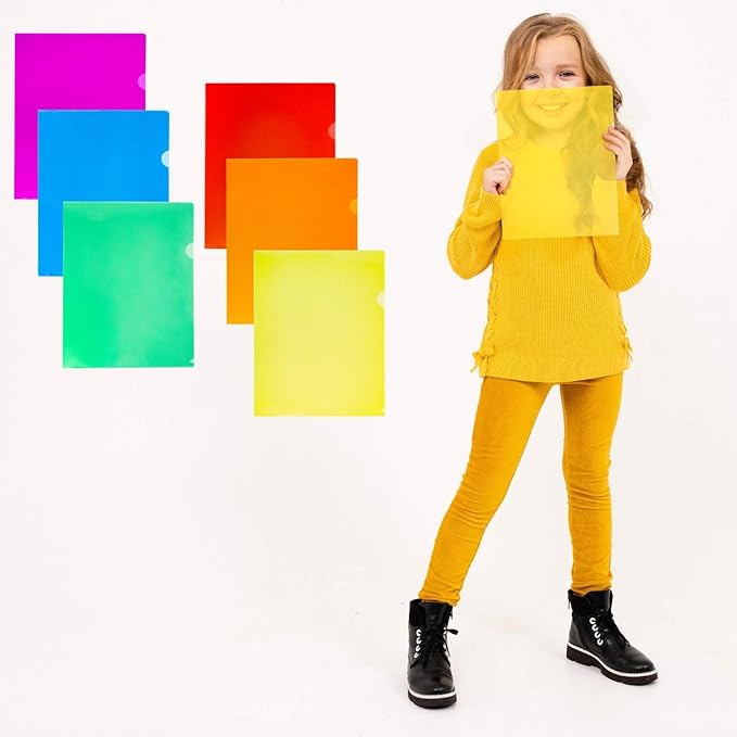 Dunwell Clear Plastic Folders Sleeves (12 Pack, Assorted Colors) - Plastic Sleeves for Paper 8.5x11, Transparent Project Folders with Plastic Paper Sleeves, Poly File Jacket for Documents