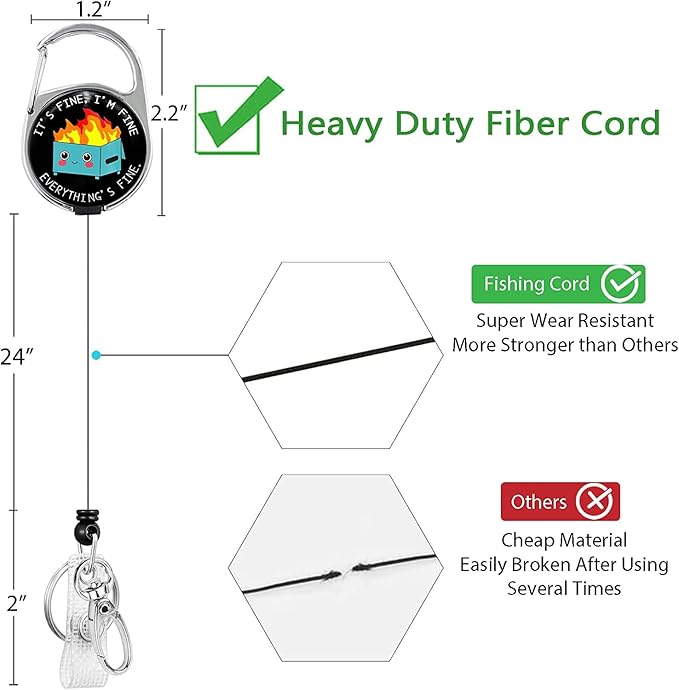 Gctriki Badge Reel Holder Retractable Heavy Duty with 360°Swivel Carabiner Belt Clip, Funny Dumpster ID Badge Holder Retractable, Retractable Keychain ID Clip Name Badge Clip I'm Fine It`s Fine