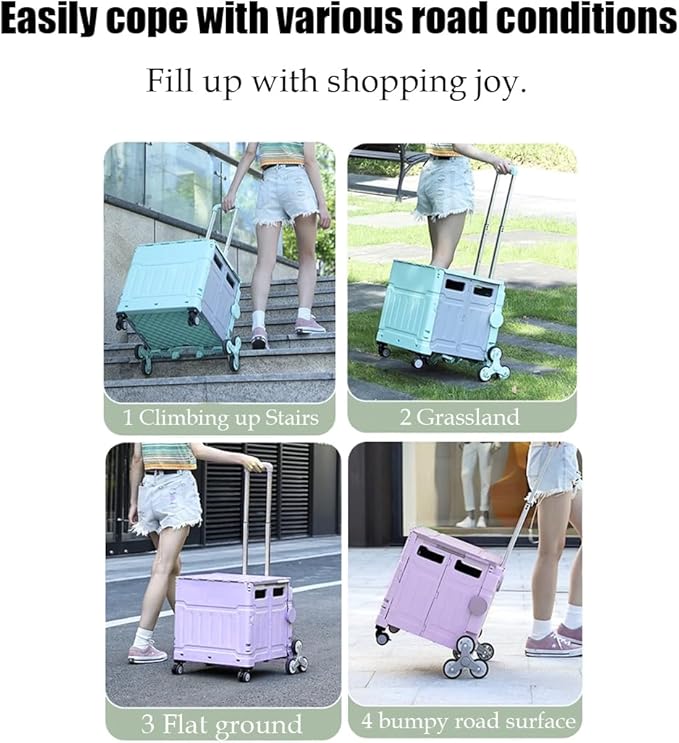 Foldable Utility Cart,Folding Portable Rolling Crate Handcart with Lid,Collapsible Aluminium Alloy Telescoping Handles,8 Wheels for Travel Shopping Climbing Stairs Moving Storage Office Use