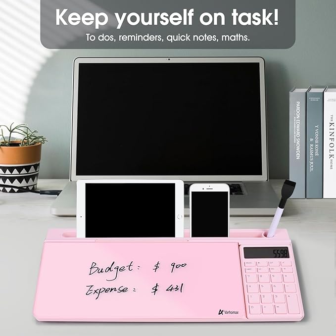 Varhomax Glass Desk Whiteboard Pink with Calculator, Desktop Dry Erase White Board with Storage, to Do List Memo Notepad for Home and Office
