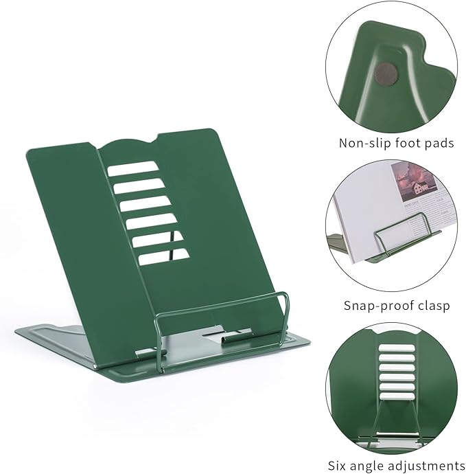 Metal Book Stand - Adjustable Book Holder for Reading (Full Green)