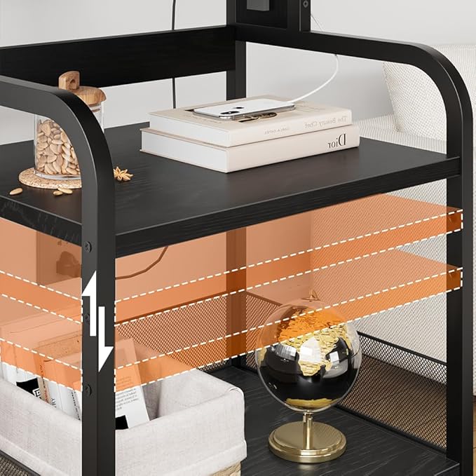 Printer Stand with Power Outlet, Large Printer Table with Adjustable Storage Shelf, 3 Tier Office Rolling Printer Stand with Wheels for Home Office, Fax Machines, Scanners, Rustic Black