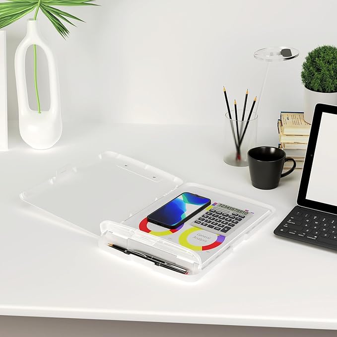 Piasoenc Clipboard with Storage, 8.5 x 11 Organization Box with Pen Holder and A4 Legal Paper Folder, Heavy Duty Plastic, Folio & Side-Opening, Low Profile Clip, for Nurses, Teachers, White